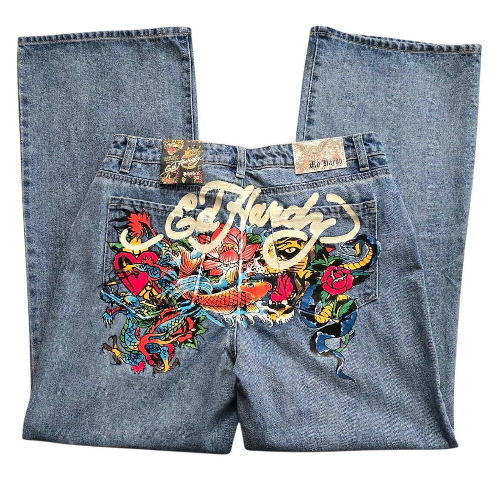 NWT Ed Hardy Women's 32 Baggy Jeans Y2K Painted Tattoo Heart Koi Graphic Denim